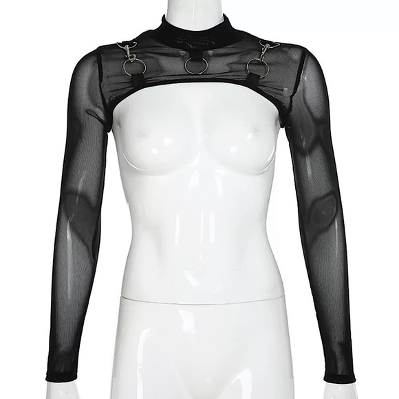 Black mesh metal buckle long sleeve crop top - Picture 8 of 16